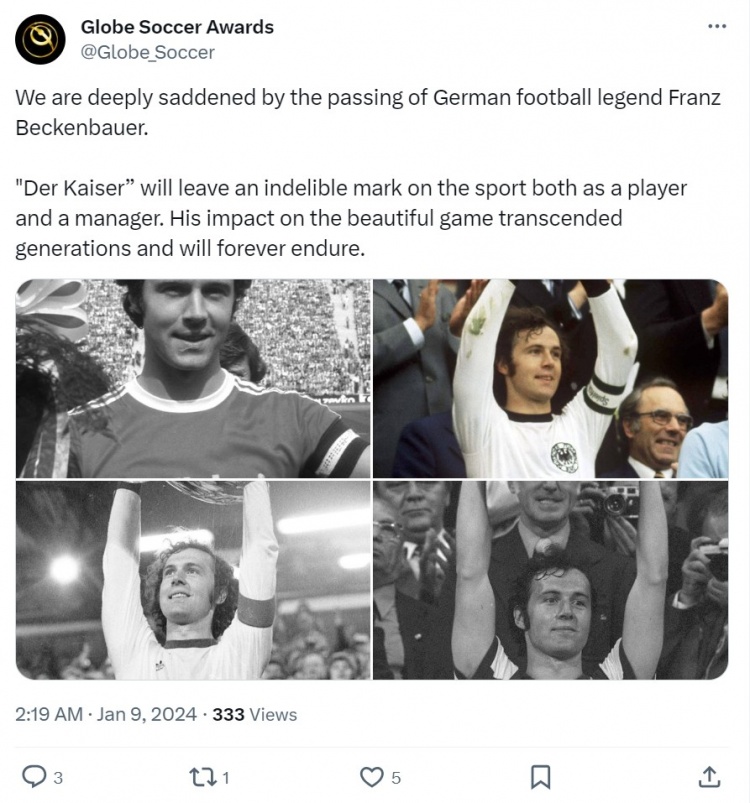 金球奖官方：足球皇帝贝肯鲍尔对足坛贡献不可磨灭，超越几代人